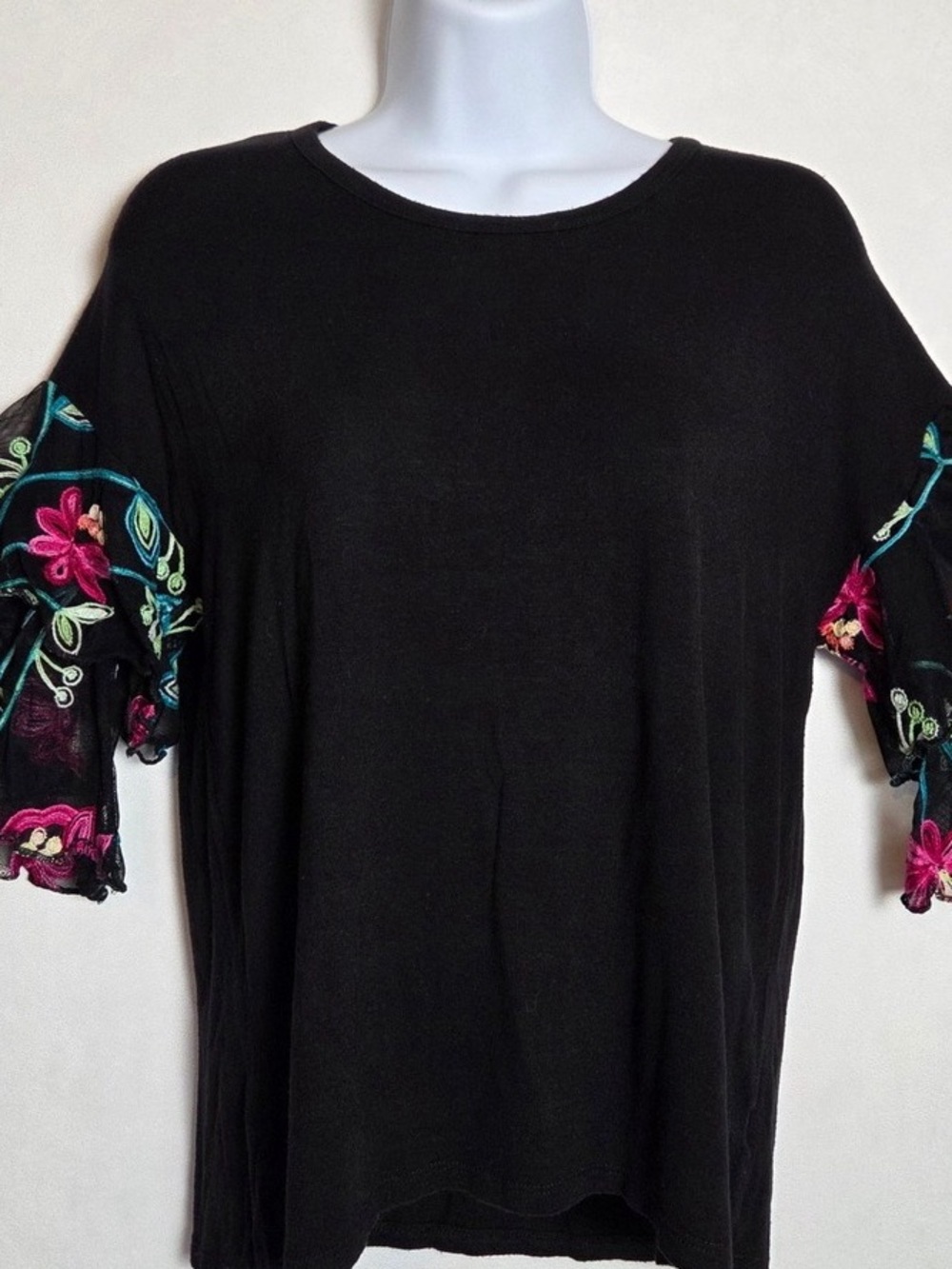 Black Women's Short Sleeve Top with Floral Embroidered Sleeves